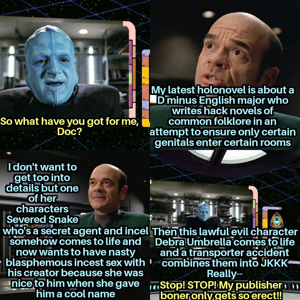 This meme is a screenshot of a character from the TV show "Star Trek: Deep Space Nine" (Quark) being asked to identify a character from a book. The character, Quark, is confused and provides a humorous and inaccurate description of the book's protagonist, "In a Sunburned Country" by Bill Bryson, which is actually a travel book, not a romance novel with a character named "In a Sunburned Country" is actually a travel book, not a romance novel.